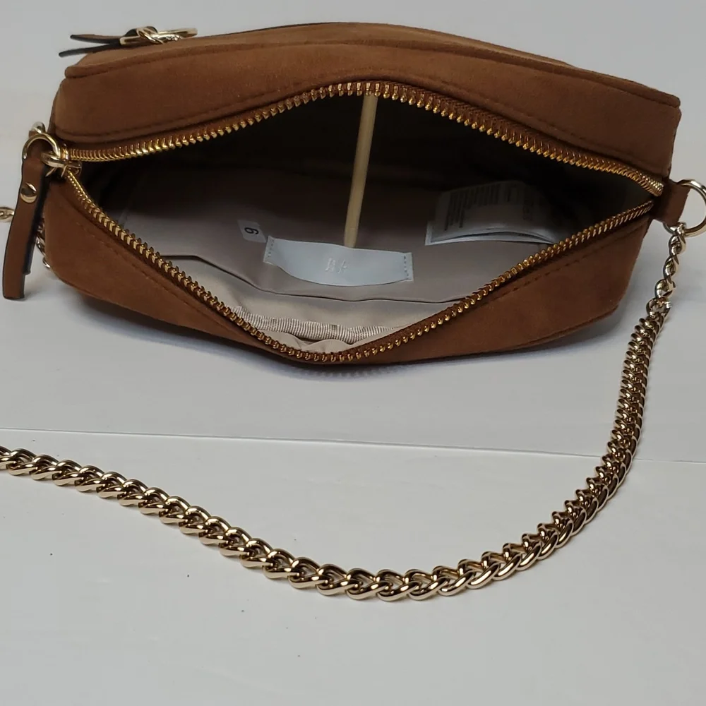 H&M Faux Brown Suede Gold Chain Crossbody Shoulder Bag Gold Accents - Picture 6 of 8